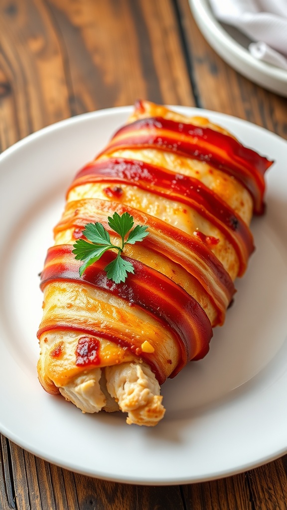 Crispy bacon-wrapped chicken breast garnished with parsley on a rustic wooden table.
